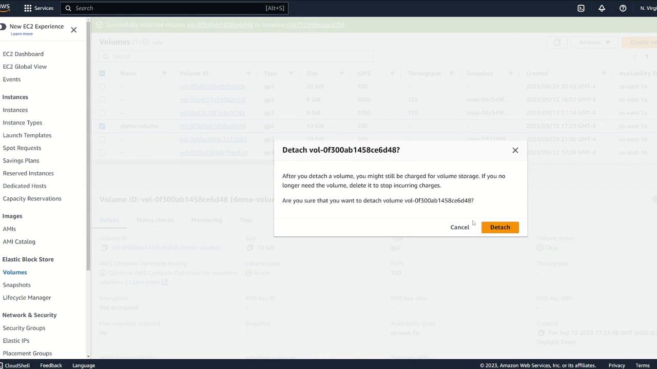The image shows an AWS EC2 management console with a pop-up confirmation dialog asking if the user wants to detach a specific volume. The dialog provides information about potential charges for detached volumes and offers "Cancel" and "Detach" options.