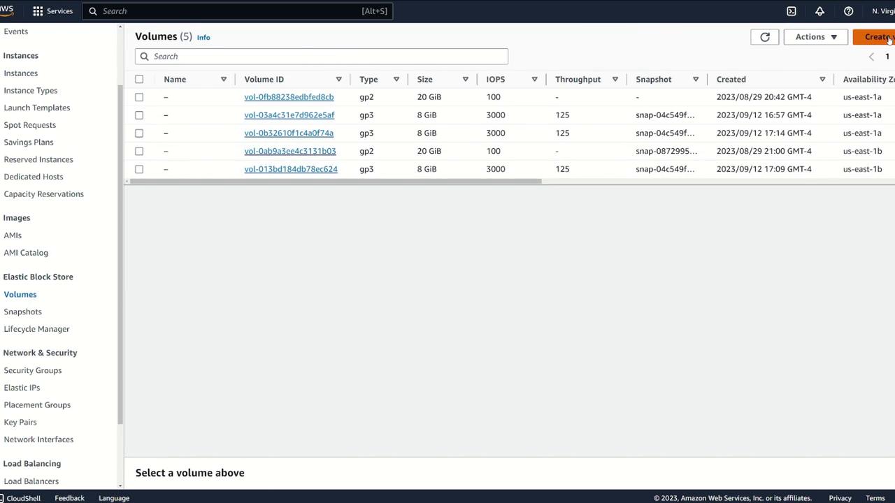 The image shows an AWS management console displaying a list of Elastic Block Store (EBS) volumes with details like volume ID, type, size, IOPS, and availability zone. The interface includes options for managing instances and other AWS services.