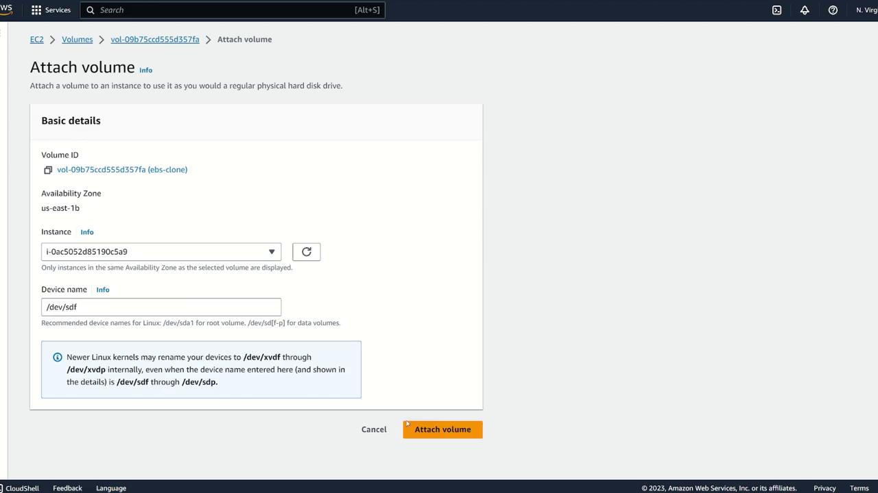 The image shows an AWS EC2 interface for attaching a volume to an instance, with options to select the instance and device name. There is a button labeled "Attach volume" at the bottom.