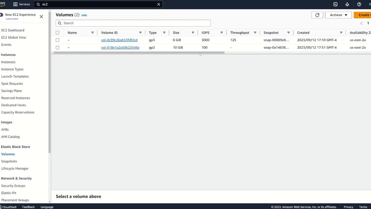 The image shows an AWS EC2 dashboard displaying a list of volumes with details such as volume ID, type, size, IOPS, throughput, and snapshot information.
