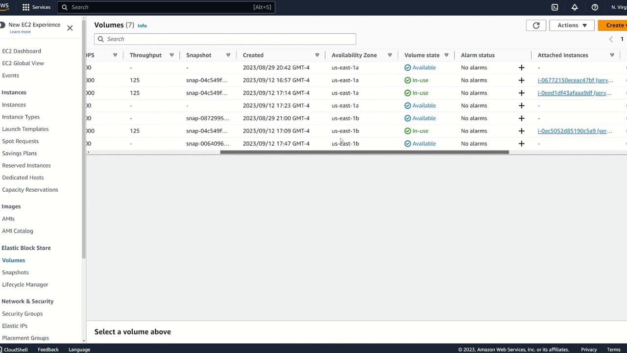 The image shows an AWS EC2 dashboard displaying a list of volumes with details such as IOPS, throughput, snapshot, creation date, availability zone, volume state, alarm status, and attached instances. The sidebar includes options for managing instances, images, and elastic block storage.