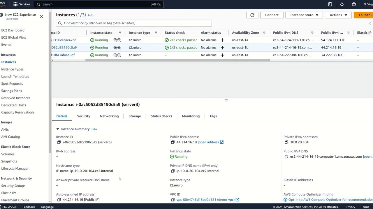 The image shows an AWS EC2 management console with details of running instances, including instance IDs, types, status checks, and IP addresses.