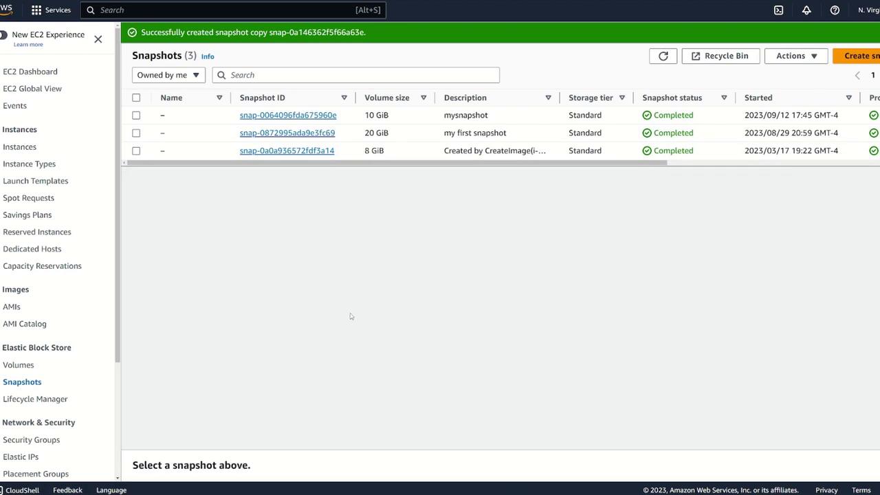The image shows an AWS EC2 console displaying a list of snapshots, with details such as snapshot ID, volume size, description, storage tier, and status. A green notification at the top indicates a successful snapshot copy creation.