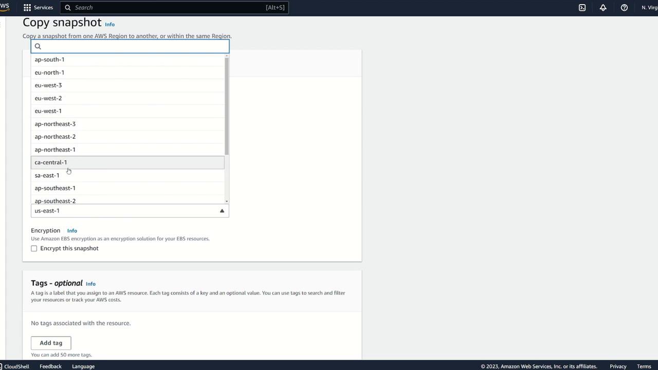 The image shows an AWS interface for copying a snapshot, with a dropdown menu listing various AWS regions. There are options for encryption and adding tags.