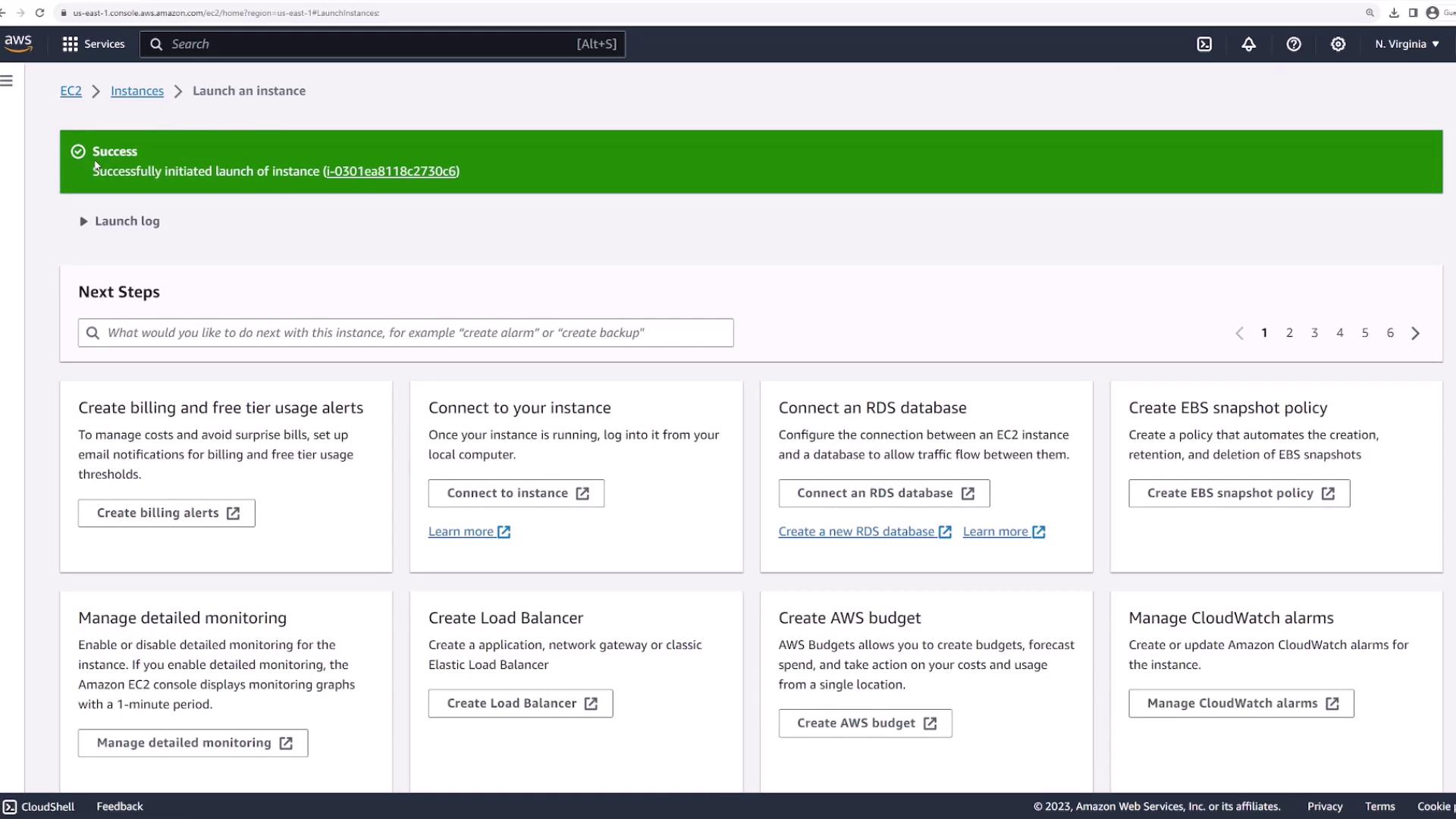 The image shows an AWS EC2 console with a success message indicating the launch of an instance. Below, there are options for next steps, such as creating billing alerts, connecting to the instance, and managing monitoring.