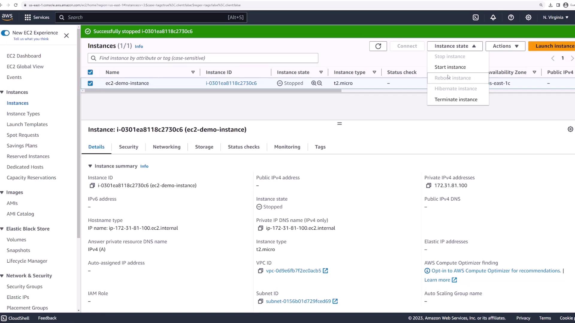 The image shows an AWS EC2 management console with details of a stopped instance named "ec2-demo-instance," including its instance ID, type, and private IP address.