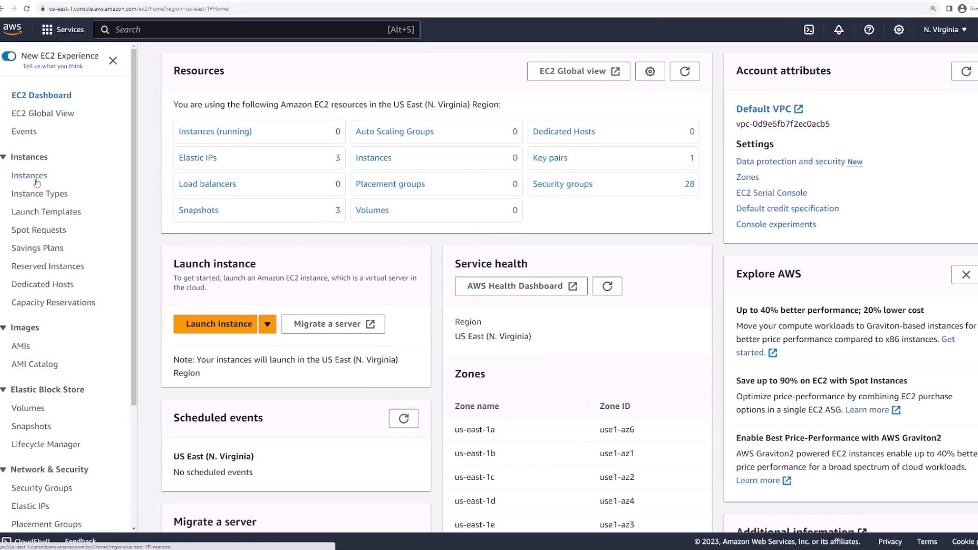 The image shows the Amazon Web Services (AWS) EC2 dashboard, displaying various resources and options for managing instances in the US East (N. Virginia) region.