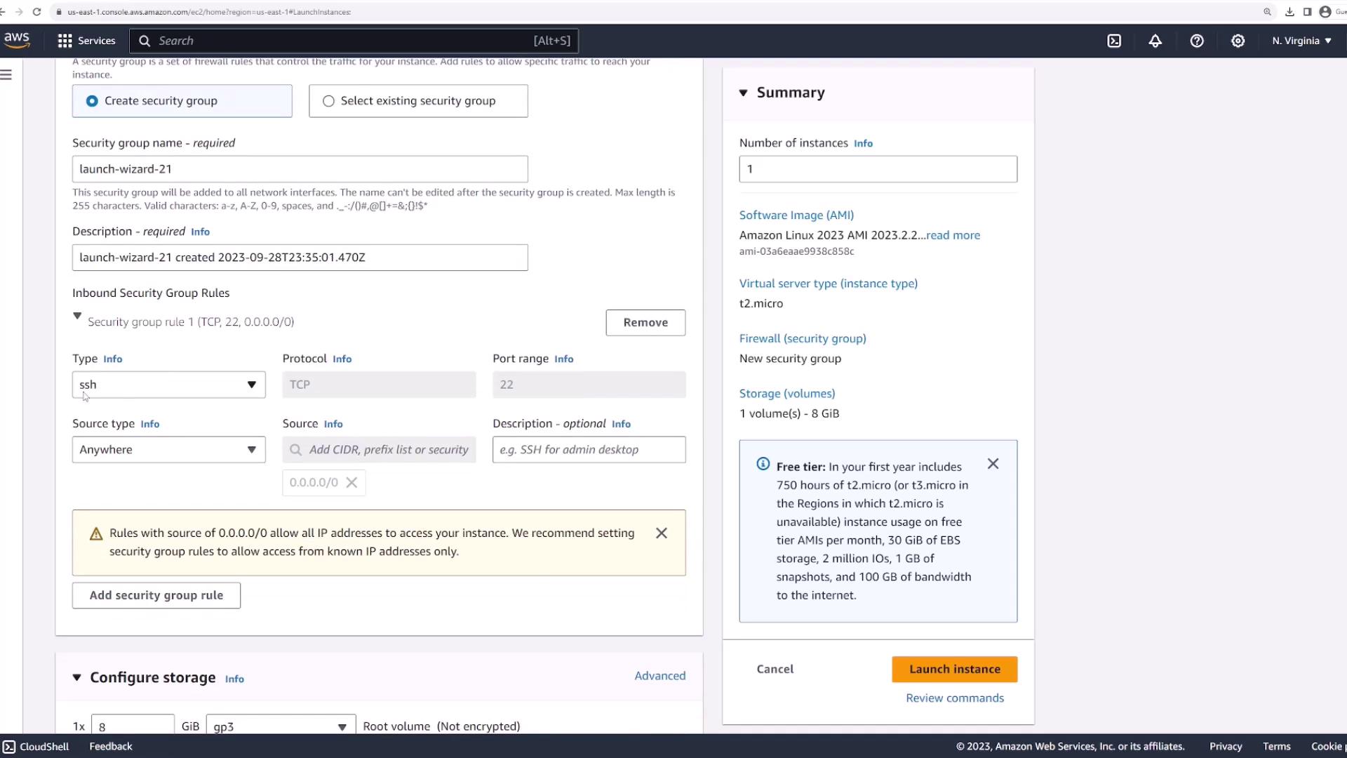 The image shows an AWS EC2 instance launch configuration screen, detailing security group settings and instance summary information.