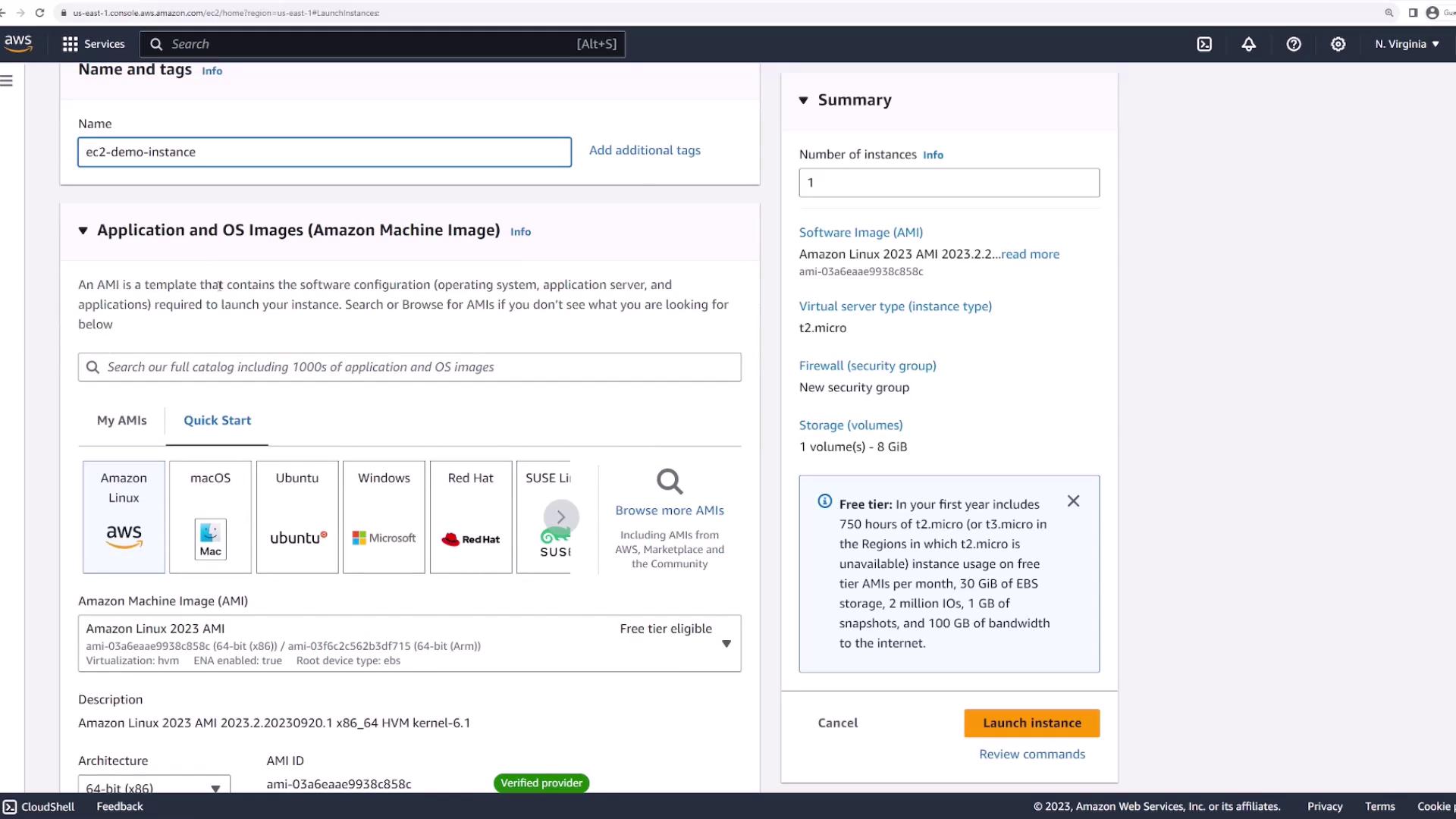 The image shows an AWS EC2 instance launch configuration screen, where a user is selecting an Amazon Machine Image (AMI) and configuring instance details like type and storage.