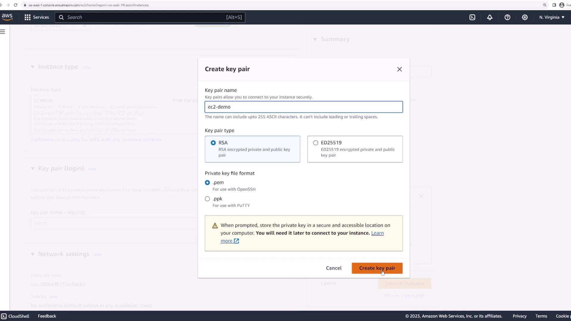 The image shows a dialog box on the AWS EC2 console for creating a key pair, with options to name the key pair, select the key pair type (RSA or ED25519), and choose the private key file format (.pem or .ppk).
