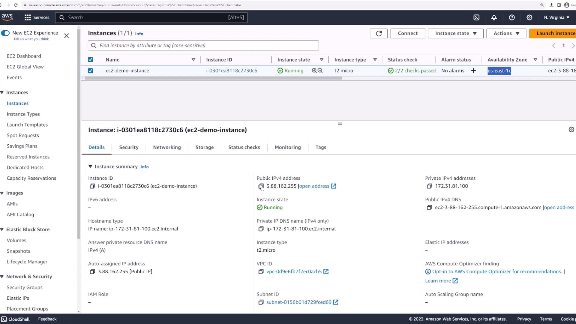 The image shows an AWS EC2 management console with details of a running instance named "ec2-demo-instance," including its instance ID, public and private IP addresses, and instance type.