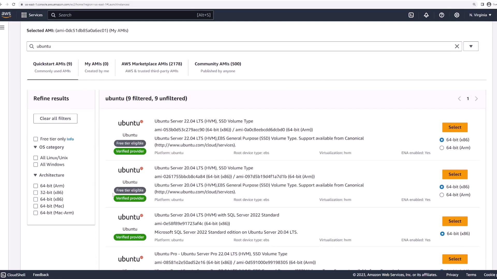 The image shows an AWS EC2 console displaying a list of Ubuntu AMIs available for selection, with options for different versions and architectures.