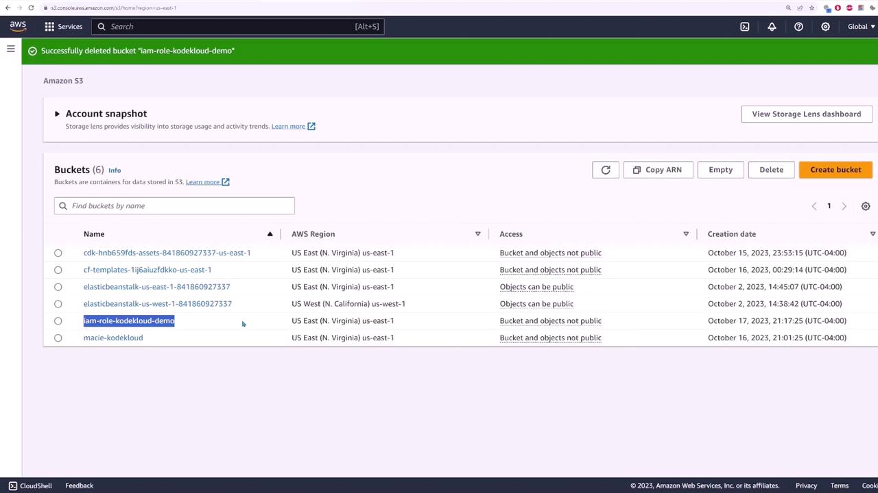 The image shows an Amazon S3 console with a list of buckets, their regions, access settings, and creation dates. A notification at the top indicates a bucket was successfully deleted.