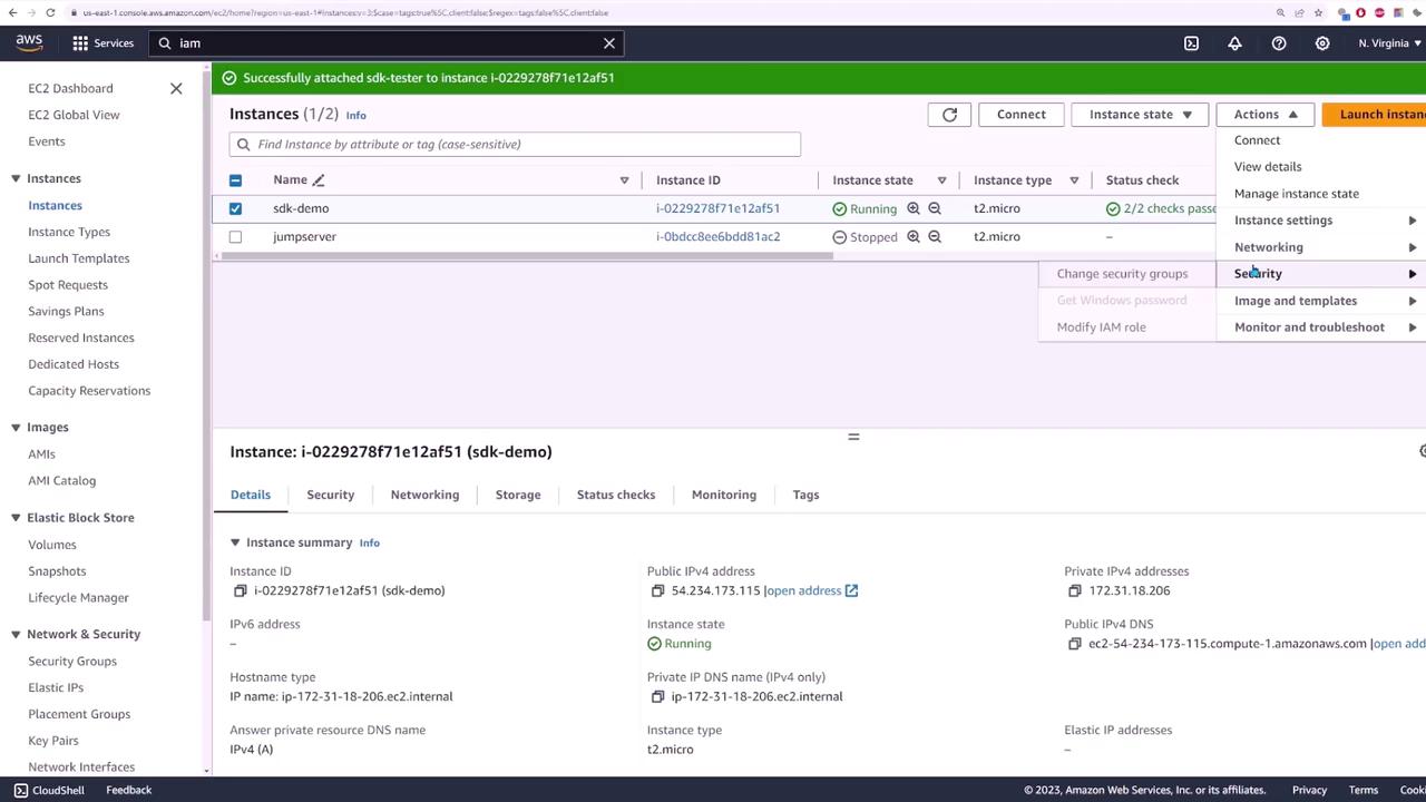The image shows an AWS EC2 management console with details of two instances, one running and one stopped, including instance IDs, types, and IP addresses.