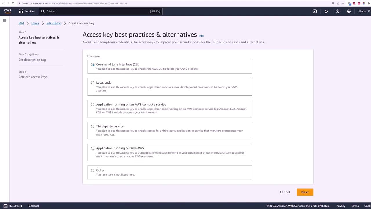 The image shows an AWS IAM interface for creating an access key, with options for different use cases like CLI, local code, and third-party services.