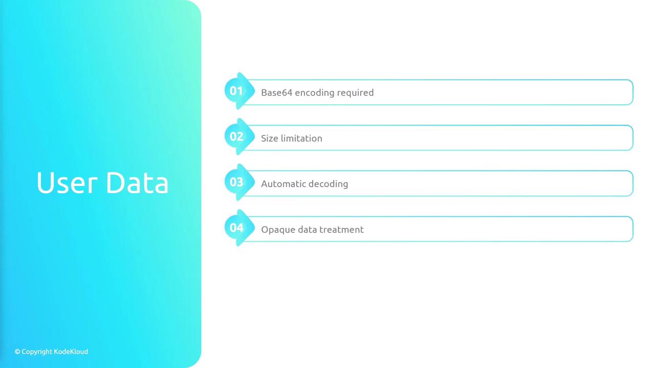 The image is a slide titled "User Data" with four points: Base64 encoding required, size limitation, automatic decoding, and opaque data treatment. It has a blue gradient background.