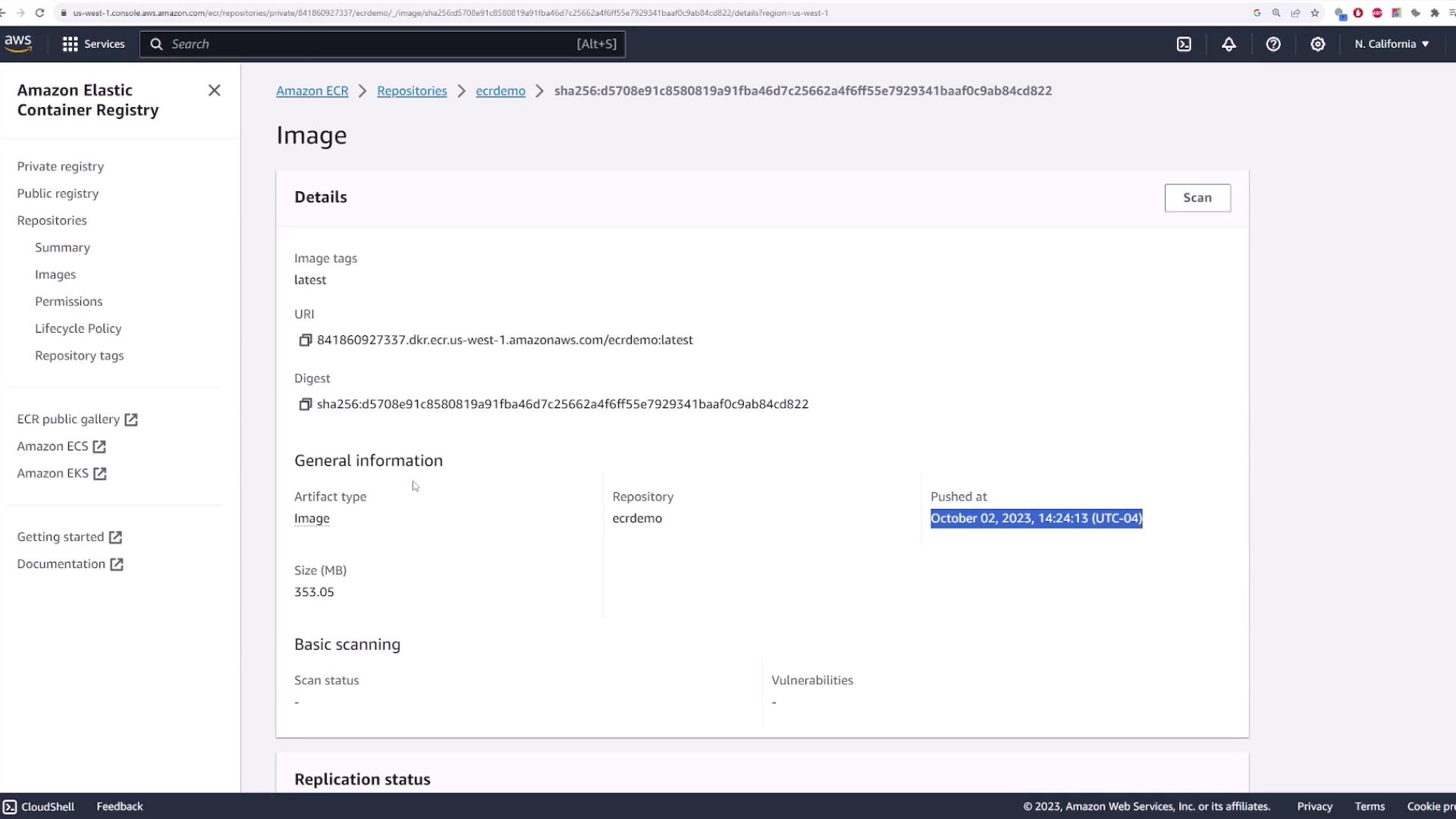 The image shows the Amazon Elastic Container Registry (ECR) interface displaying details of a container image, including its tags, URI, digest, and push date.