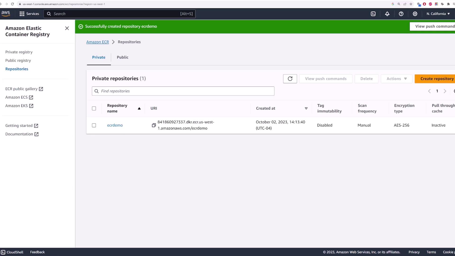 The image shows the Amazon Elastic Container Registry (ECR) interface with a private repository named "ecrdemo" listed, including details like URI, creation date, and settings.