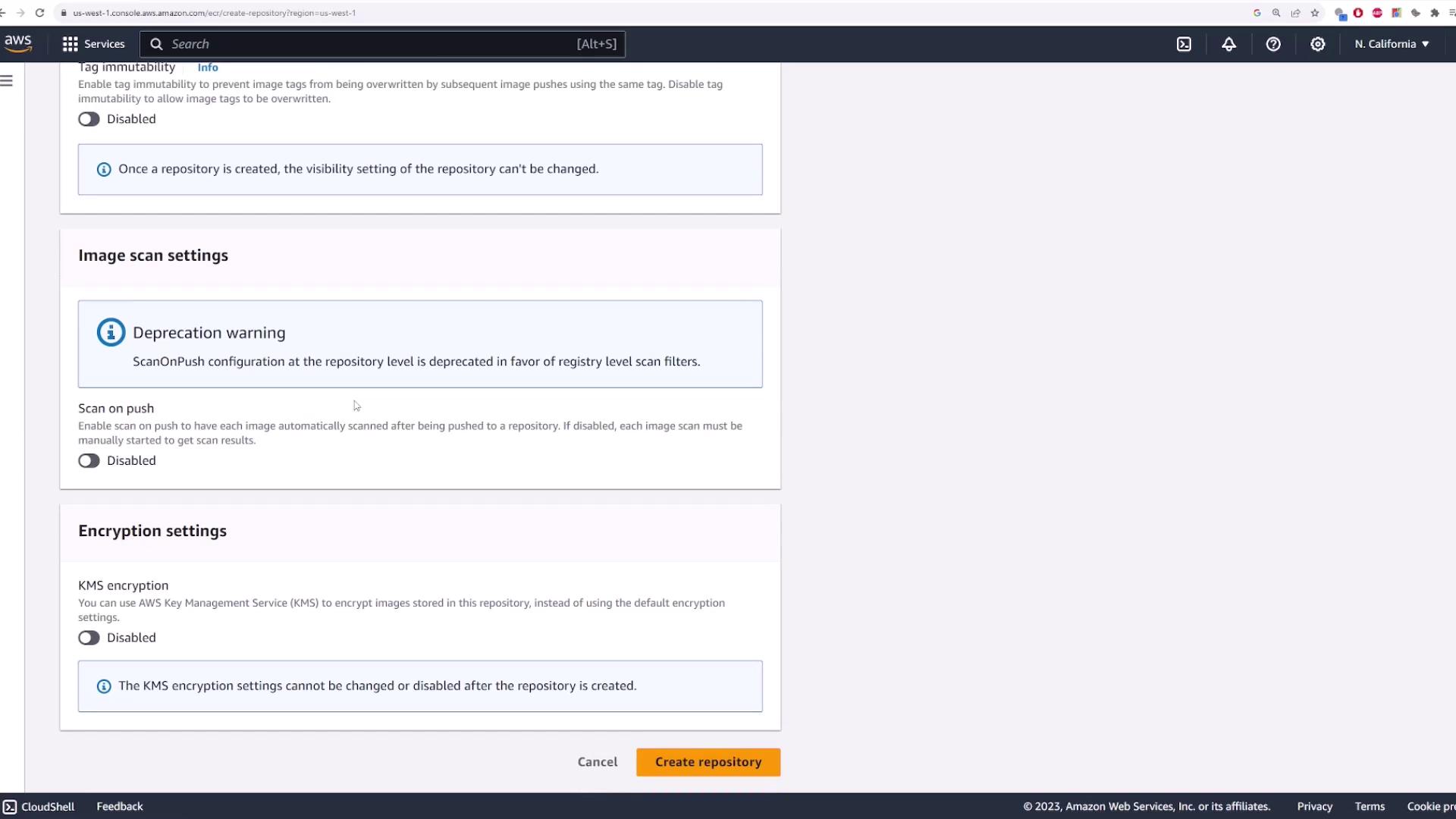 The image shows a section of the AWS console for creating a repository, with options for image scan settings and encryption settings. There is a deprecation warning about "ScanOnPush" and a button to create the repository.