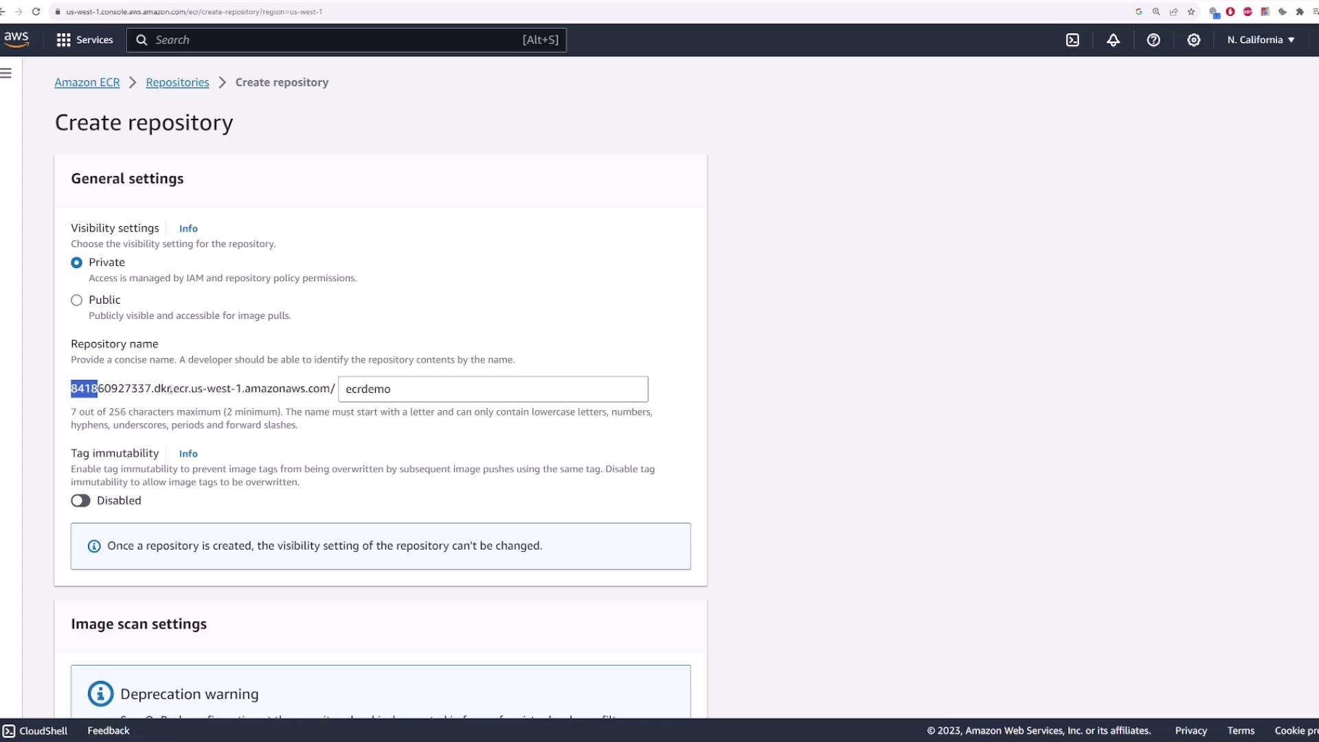 The image shows the "Create repository" page on Amazon ECR, where settings like visibility, repository name, and tag immutability are being configured.