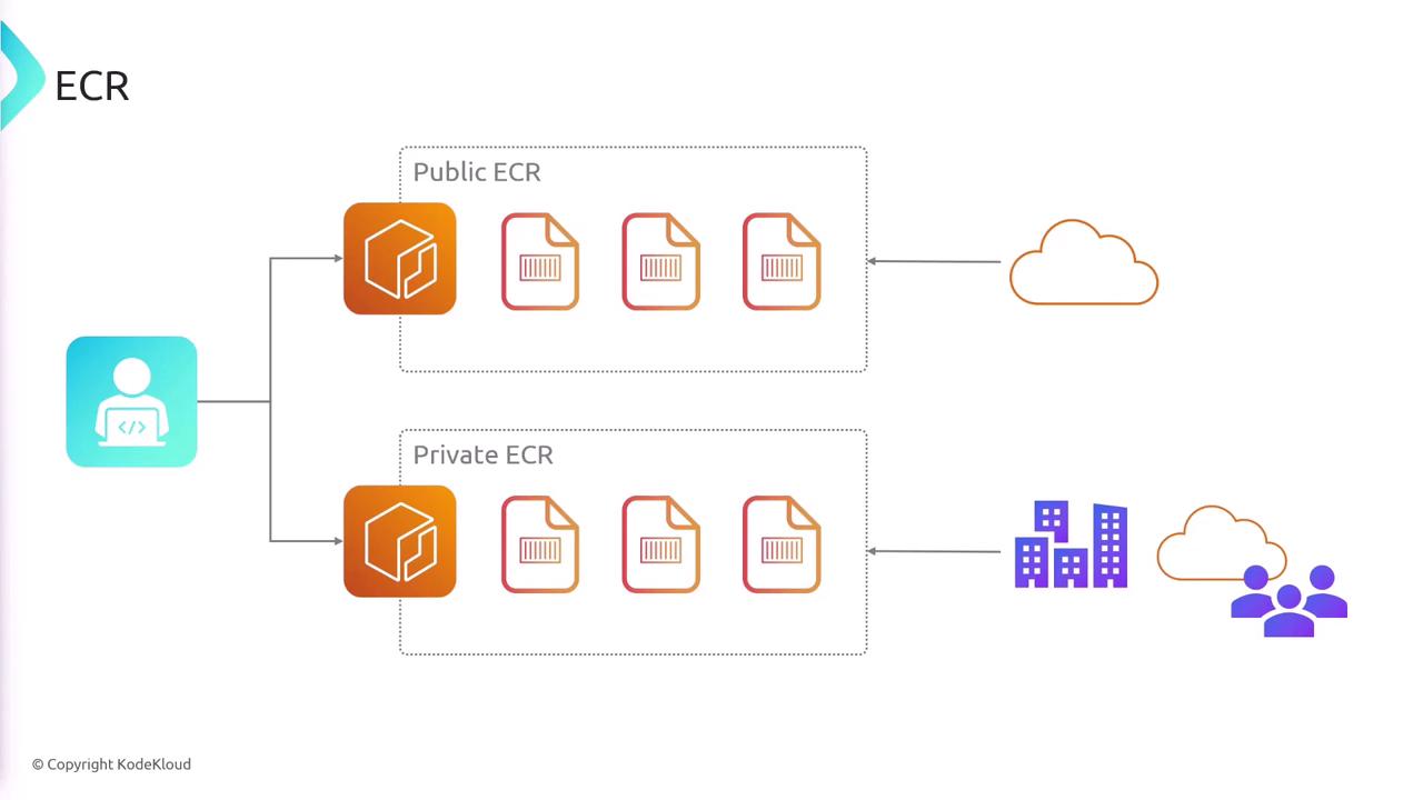 The image is a diagram illustrating the structure of a public and private ECR (Elastic Container Registry), showing connections to cloud and user icons.
