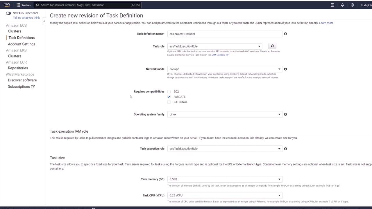 The image shows a web interface for creating a new revision of a task definition in Amazon ECS. It includes fields for task definition name, task role, network mode, and other configuration options.