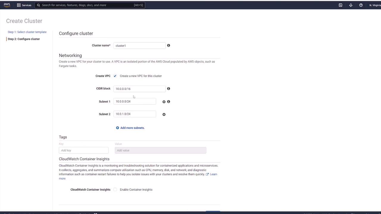 The image shows an AWS interface for configuring a new cluster, including options for setting up a VPC, CIDR block, subnets, and enabling CloudWatch Container Insights.