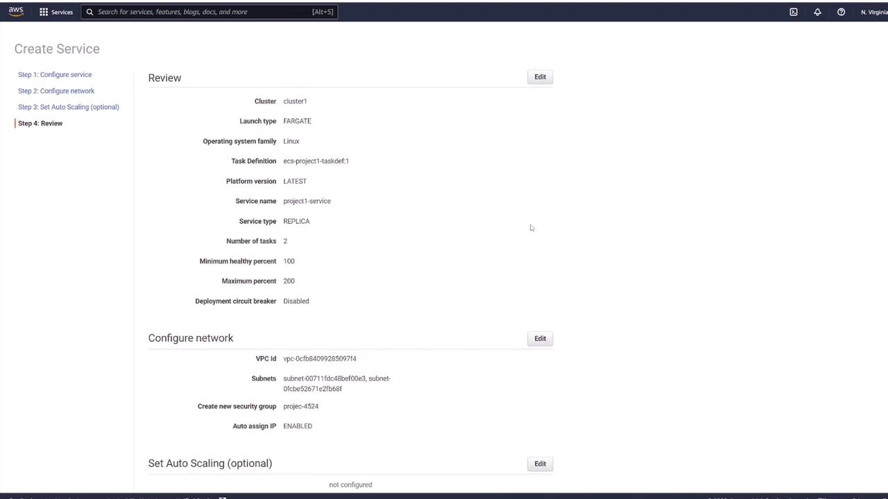 The image shows an AWS console screen for creating a service, displaying configuration details such as cluster, launch type, task definition, and network settings. It includes options for reviewing and editing service parameters.