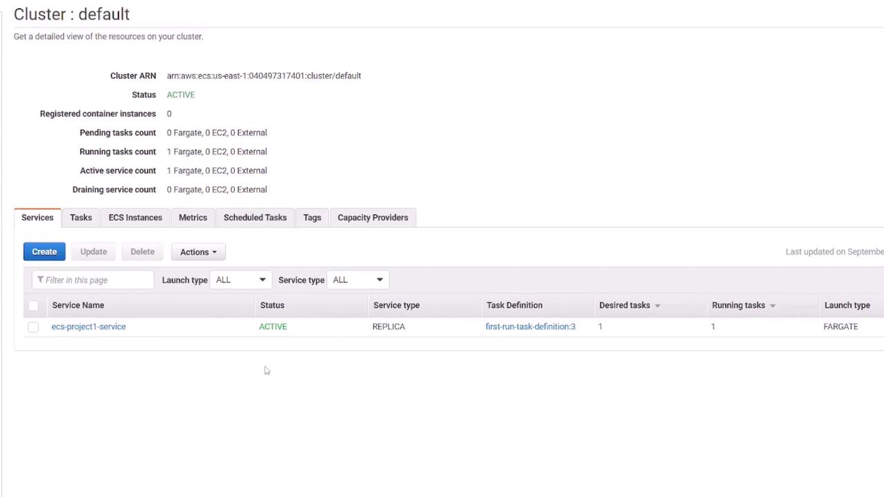 The image shows an AWS ECS cluster dashboard with details about a cluster named "default." It displays information about tasks and services, including an active service named "ecs-project1-service" using Fargate.