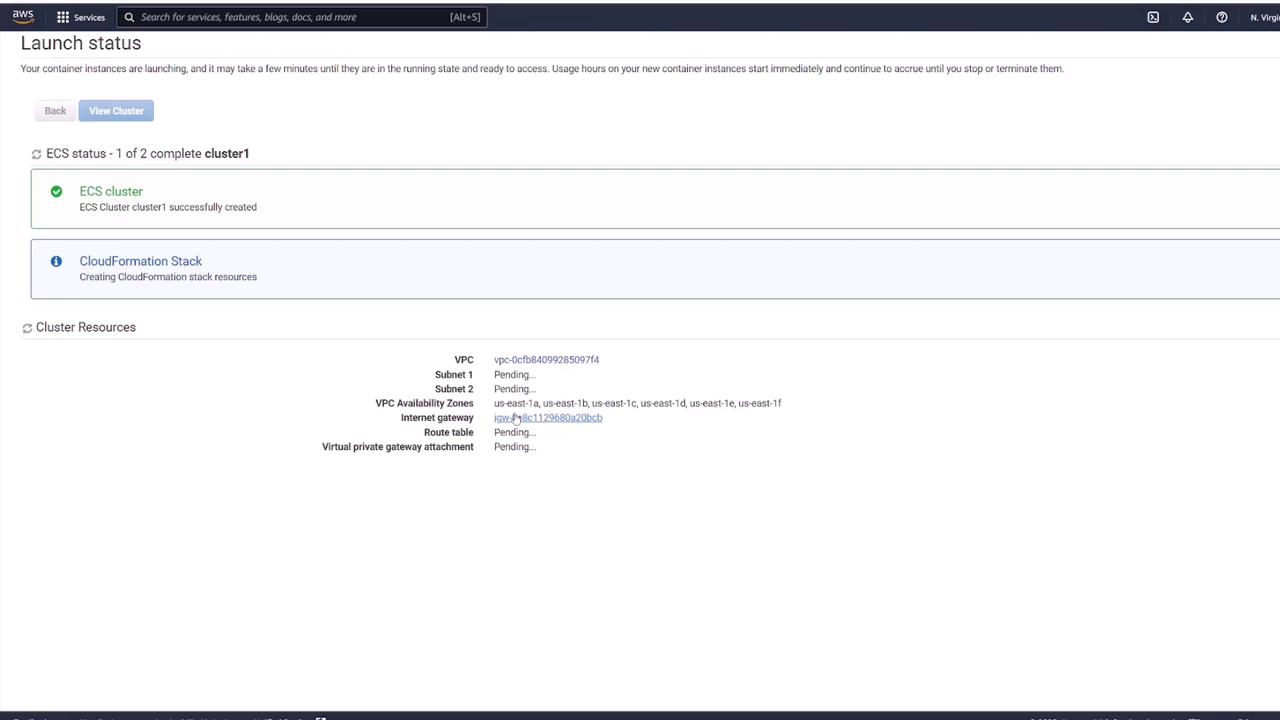 The image shows an AWS ECS launch status page, indicating that an ECS cluster named "cluster1" has been successfully created, with CloudFormation stack resources being set up and various cluster resources listed.