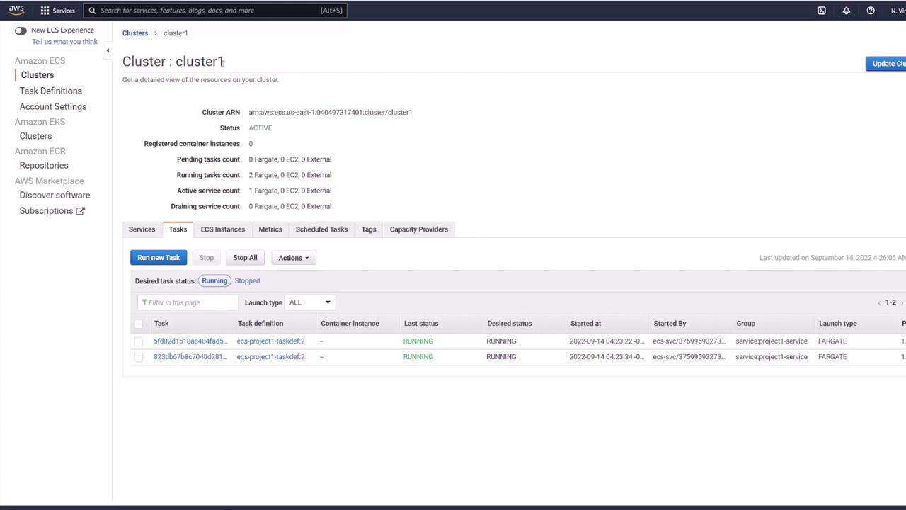 The image shows an AWS ECS console displaying details of a cluster named "cluster1," including task statuses and configurations. It lists two running tasks with their respective details such as task definition, status, and launch type.