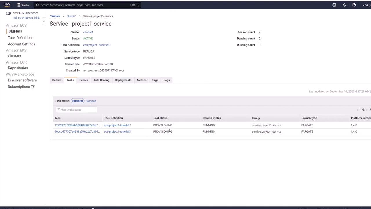 The image shows an AWS ECS console displaying details of a service named "project1-service" within a cluster. It includes information about task definitions, status, and launch type, with tasks currently in the "PROVISIONING" state.
