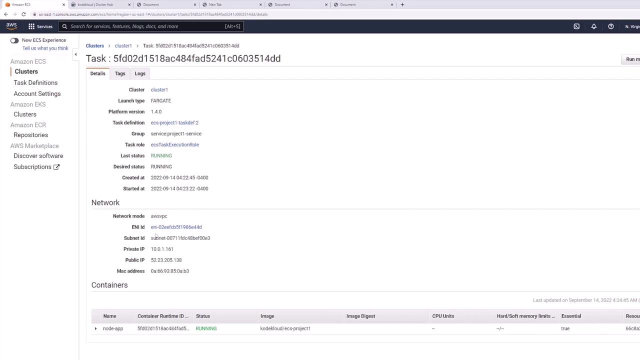 The image shows an AWS ECS console displaying details of a running task, including cluster information, network settings, and container status.