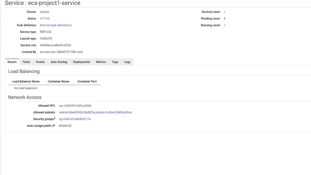 The image shows an AWS ECS service dashboard for "ecs-project1-service," indicating its active status, task definition, and network access details, including VPC, subnets, and security groups. There are no load balancers configured.