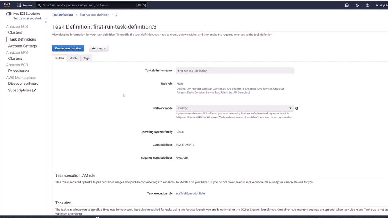 The image shows an AWS Management Console screen for creating or managing a task definition in Amazon ECS. It includes fields for task definition name, task role, network mode, operating system family, and compatibility settings.