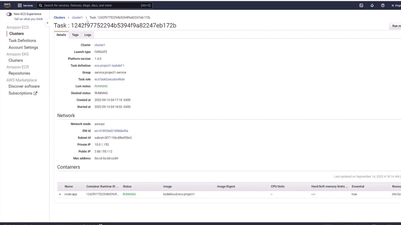 The image shows an AWS ECS task details page, displaying information about a running task, including cluster details, network configuration, and container status.