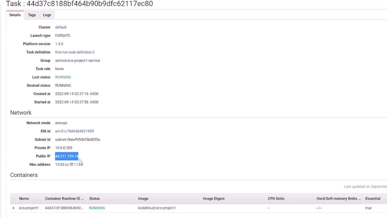 The image shows details of an AWS ECS task, including its status, network configuration, and container information. The task is running on Fargate with a public IP address of 44.211.129.14.