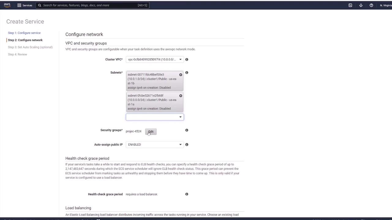 The image shows a configuration screen for creating a service in AWS, specifically focusing on network settings such as VPC, subnets, and security groups. Options for enabling public IP assignment and health check grace periods are also visible.