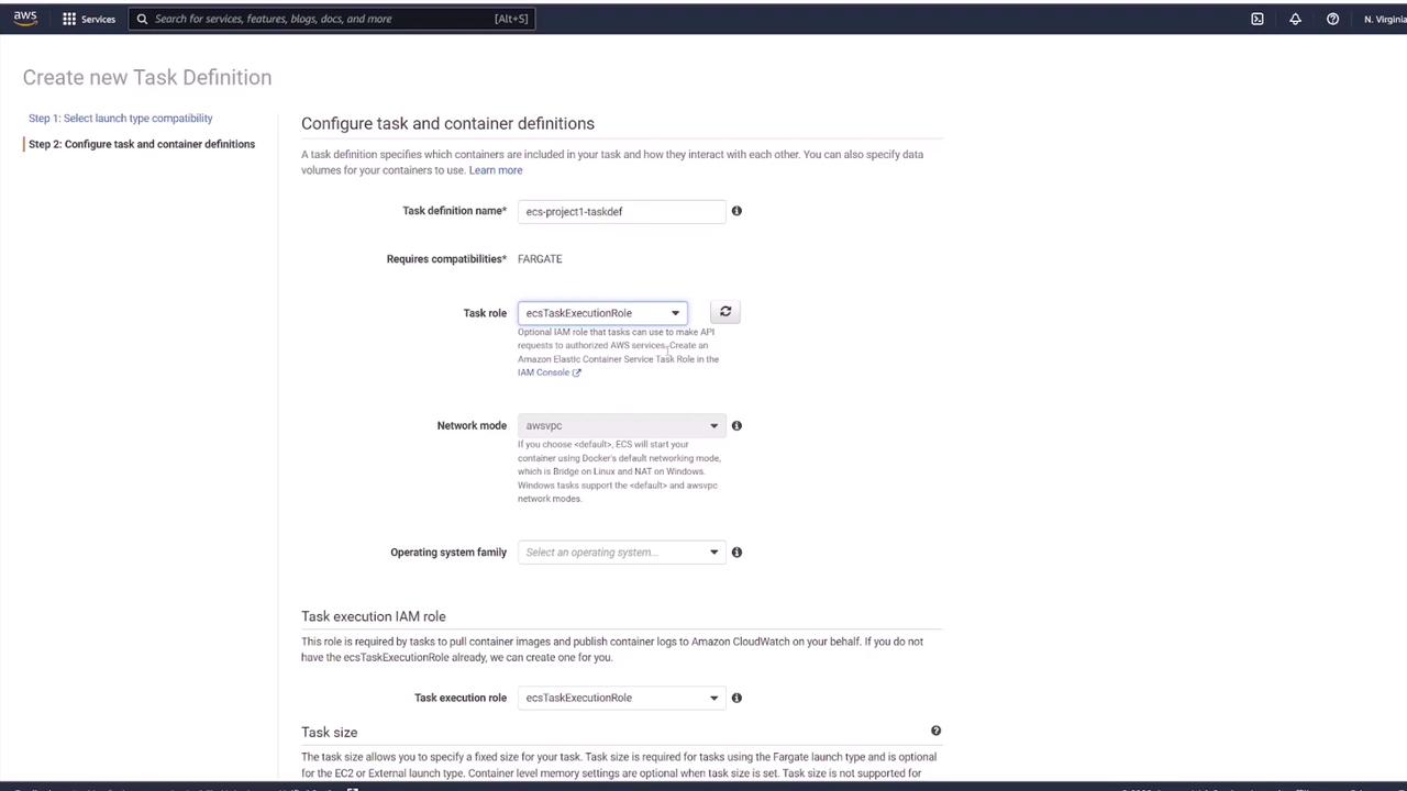 The image shows a configuration screen for creating a new task definition in AWS, specifically for setting up task and container definitions with options like task name, network mode, and task role.