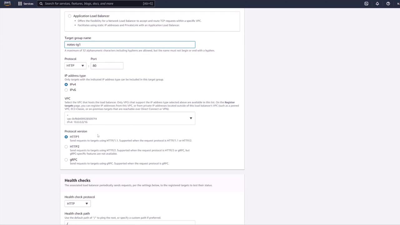 The image shows a configuration screen for setting up an Application Load Balancer on AWS, including fields for target group name, protocol, IP address type, VPC, and health checks.