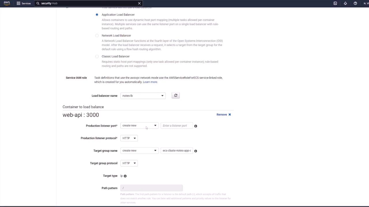 The image shows a configuration screen for setting up an Application Load Balancer in AWS, with options for load balancer name, listener port, protocol, and target group settings.