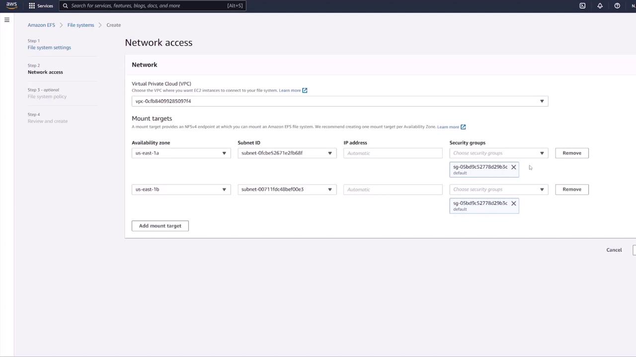 The image shows an AWS console screen for setting up network access for Amazon EFS, including options for selecting a Virtual Private Cloud (VPC), availability zones, subnet IDs, and security groups.