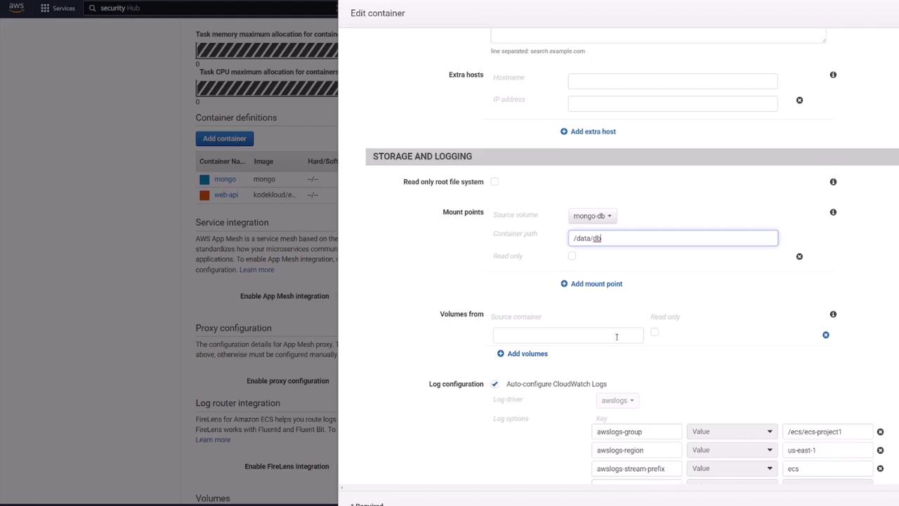 The image shows a configuration screen for editing a container in AWS, with options for storage, logging, and service integration settings. It includes fields for mount points, volumes, and log configuration with CloudWatch Logs.