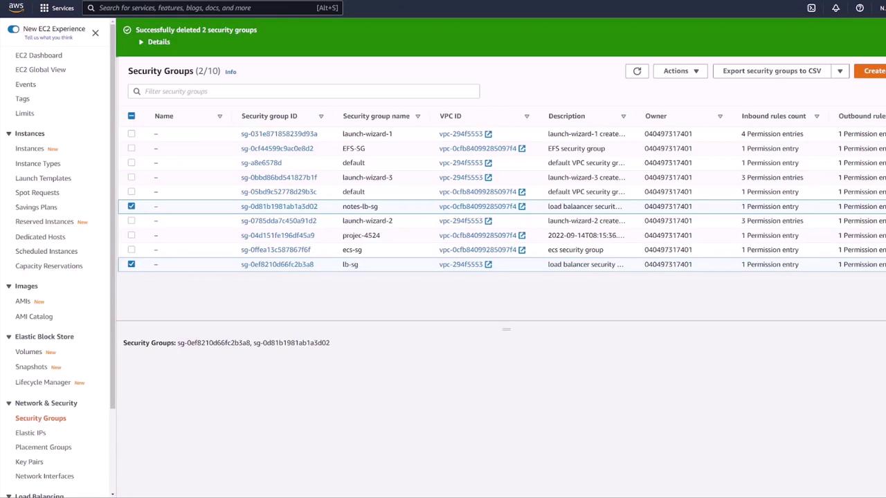 The image shows an AWS EC2 dashboard displaying a list of security groups, including details like security group IDs, names, VPC IDs, descriptions, and permission entries. A notification at the top indicates that two security groups have been successfully deleted.