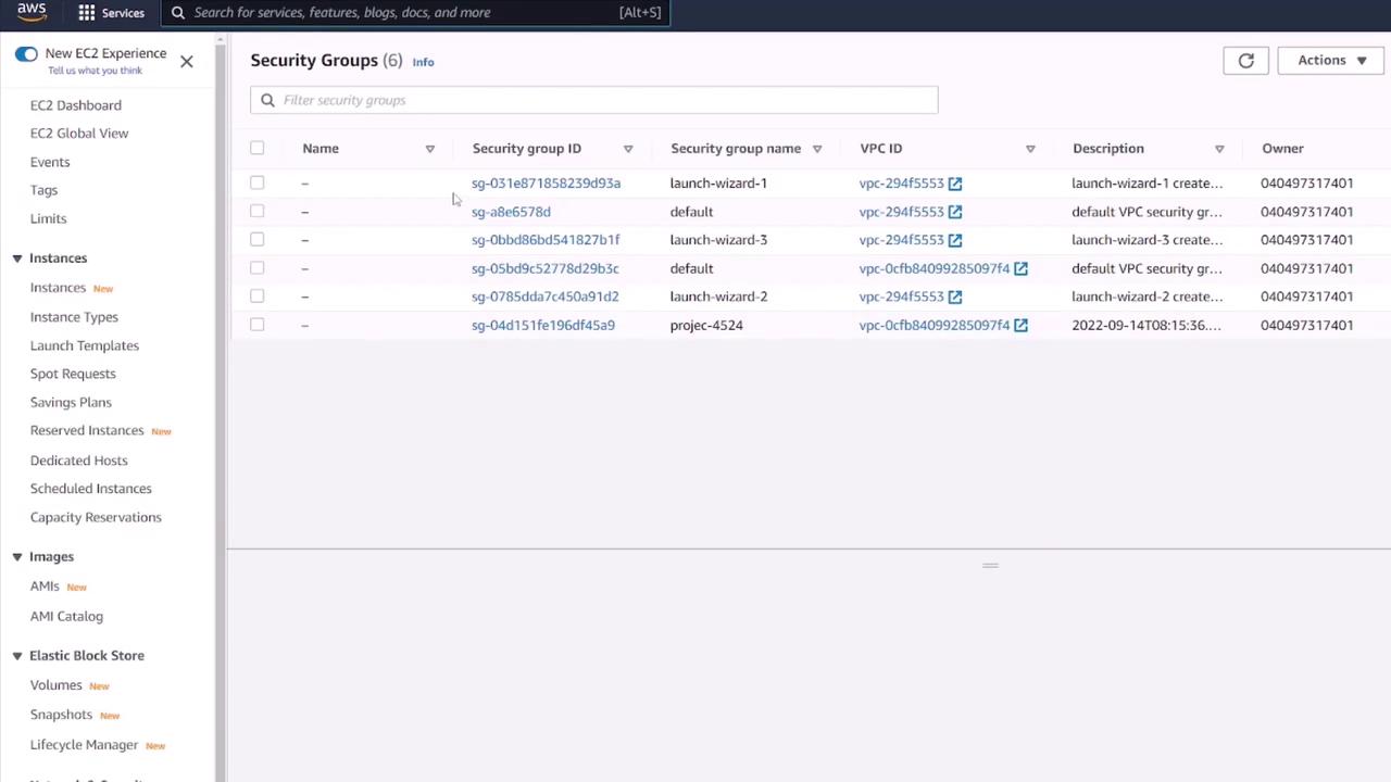 The image shows an AWS EC2 dashboard displaying a list of security groups with details such as security group ID, name, VPC ID, description, and owner. The left sidebar includes navigation options for various EC2 and AWS services.