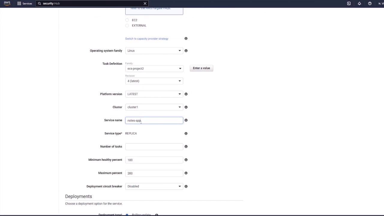 The image shows a configuration screen for setting up an AWS ECS service, including fields for operating system, task definition, cluster, service name, and deployment options.