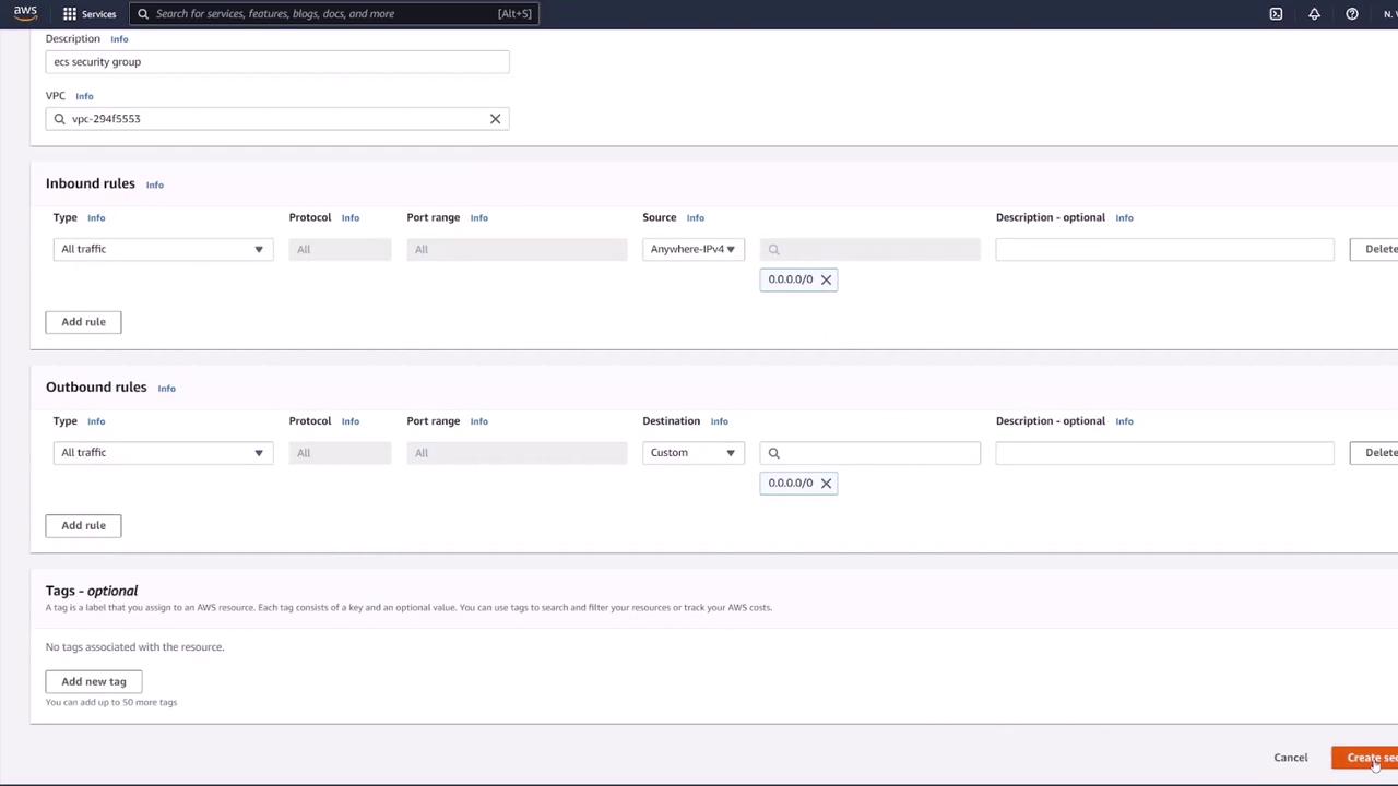 The image shows an AWS security group configuration screen with sections for inbound and outbound rules, both set to allow all traffic. There is also an optional tags section at the bottom.