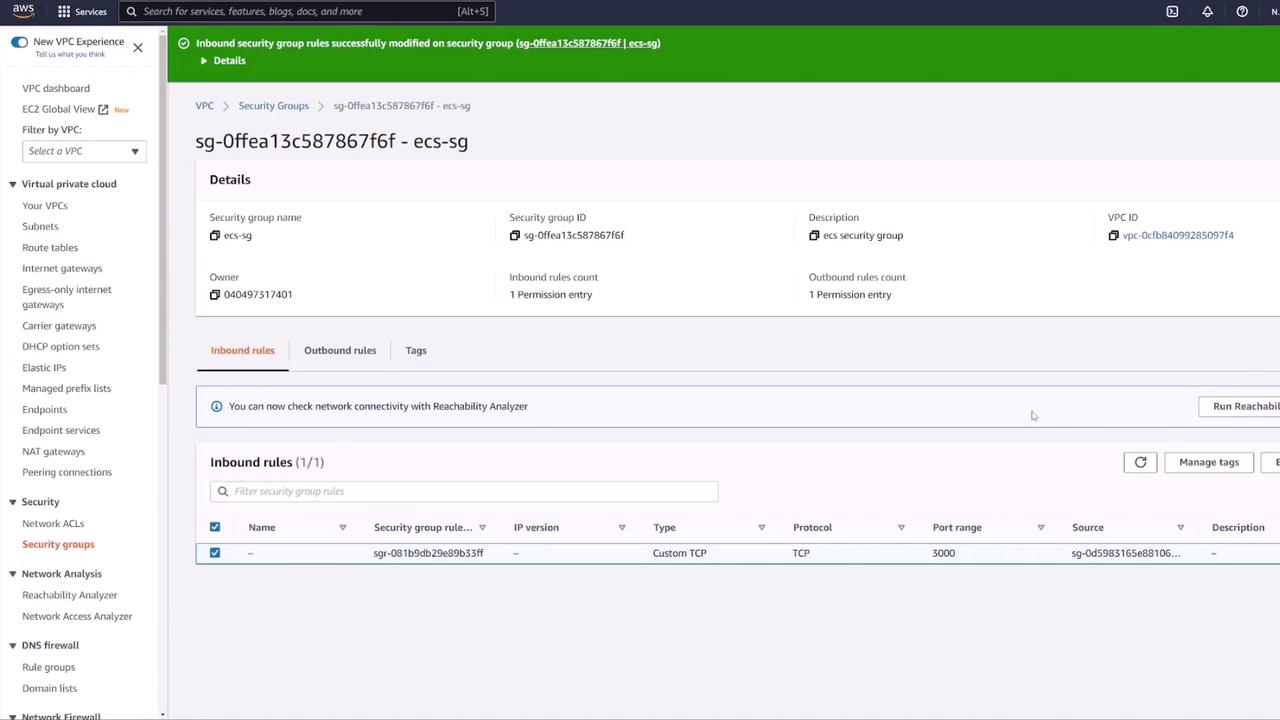 The image shows an AWS security group configuration screen, displaying details and inbound rules for a specific security group named "ecs-sg."