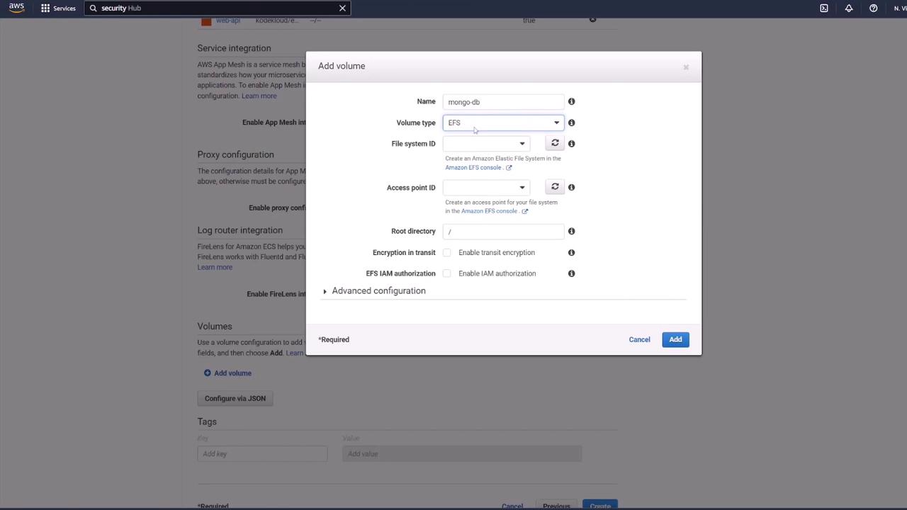 The image shows a dialog box for adding a volume in an AWS interface, with options for configuring volume type, file system ID, access point ID, and other settings.