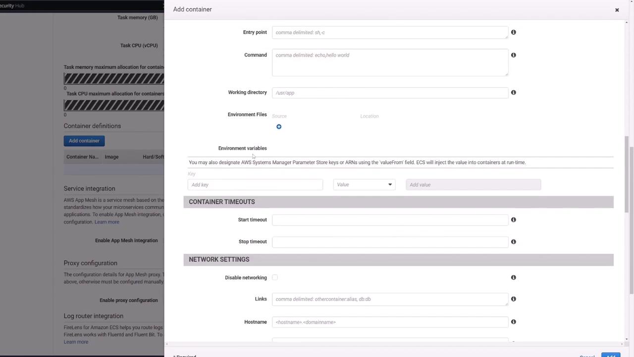 The image shows a configuration interface for configuring a container, including fields for entry point, command, environment variables, container timeouts, and network settings. It appears to be part of a cloud service management platform.